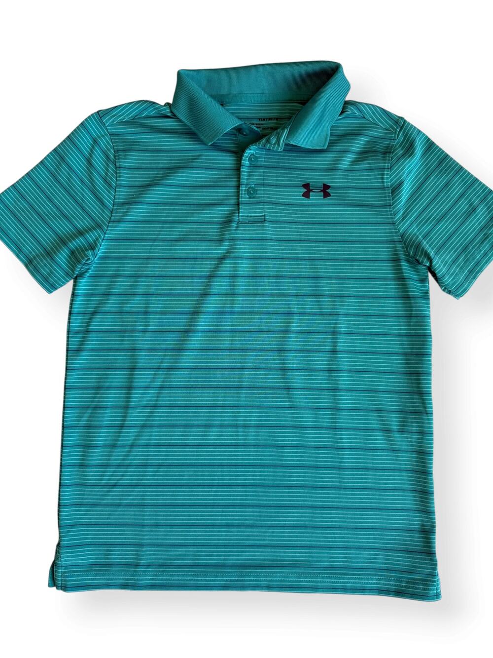 Under Armour Boys Youth Large HeatGear Polo Teal Blue Striped Shirt
